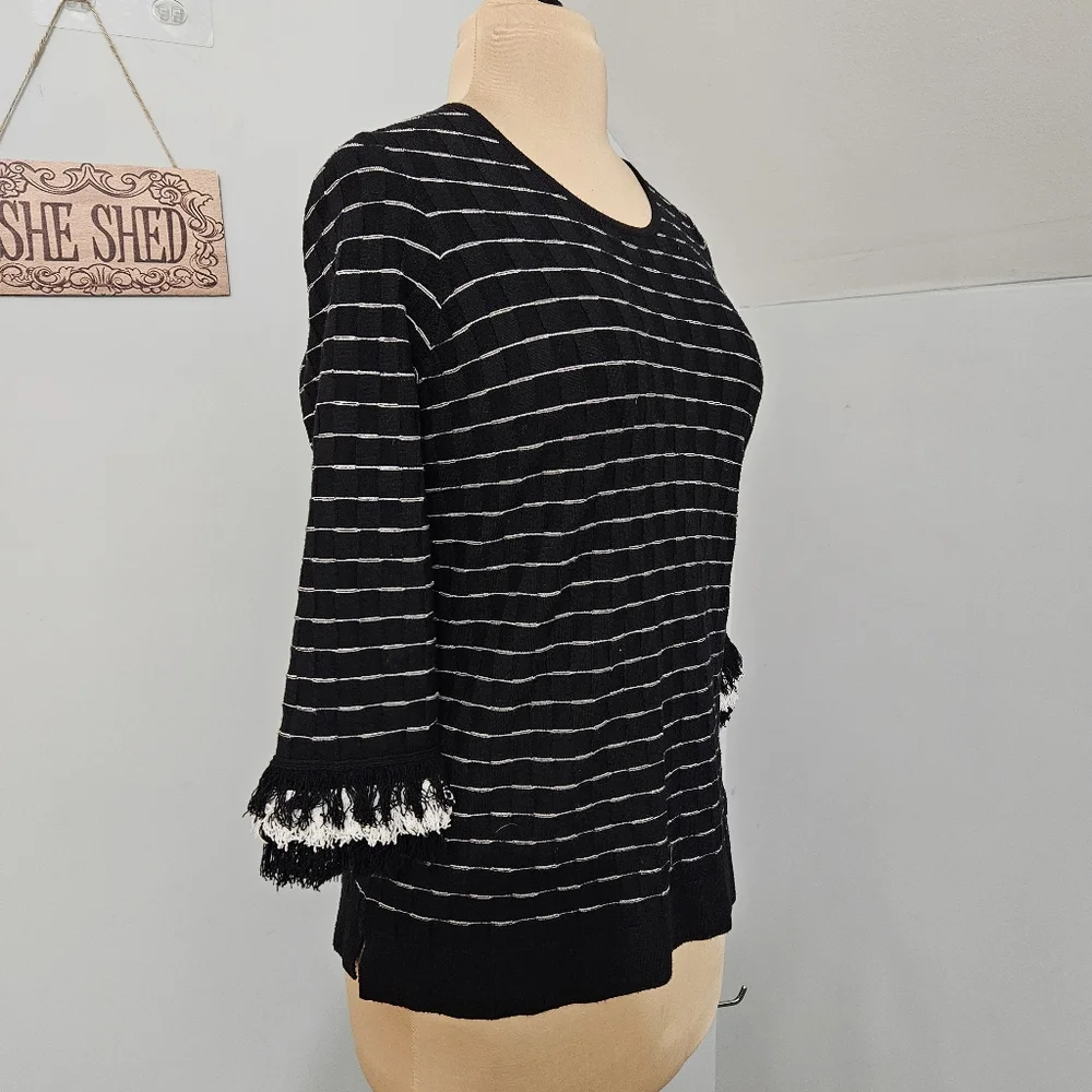 J’envie Black Stripe Knit Top Fringe Cuffs Medium Chic Casual Textured Office‎
